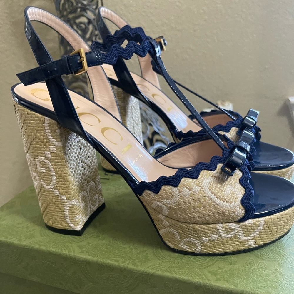 Gucci Natural/Royal Kertu Rafia  GG Platform Heels 41.5 - Picture 7 of 12